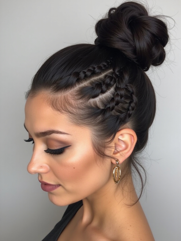 asymmetrical braided bun style