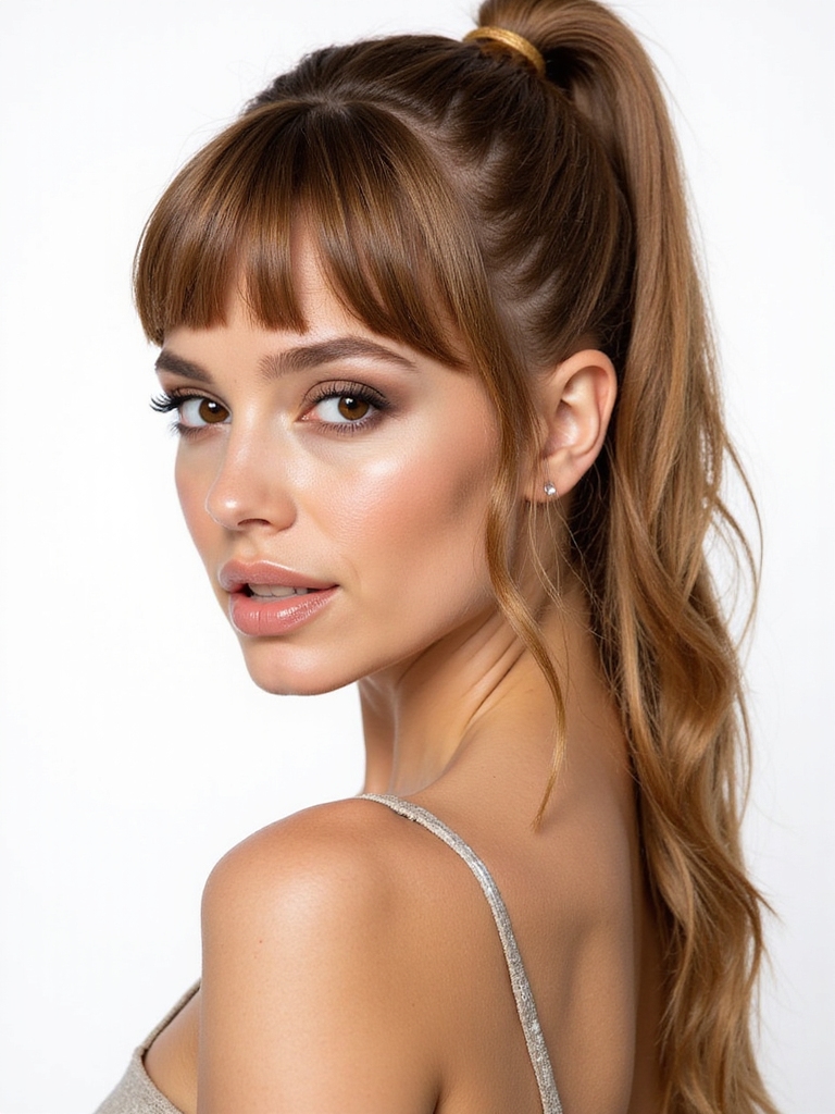 chic bangs and ponytail