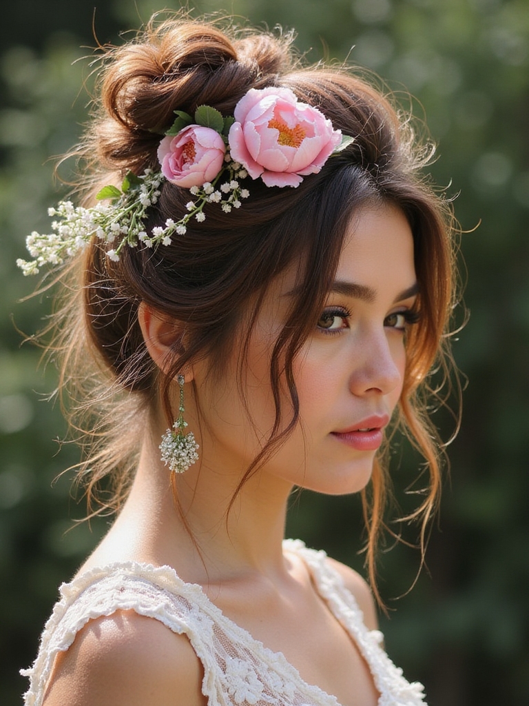 messy bun with floral clips