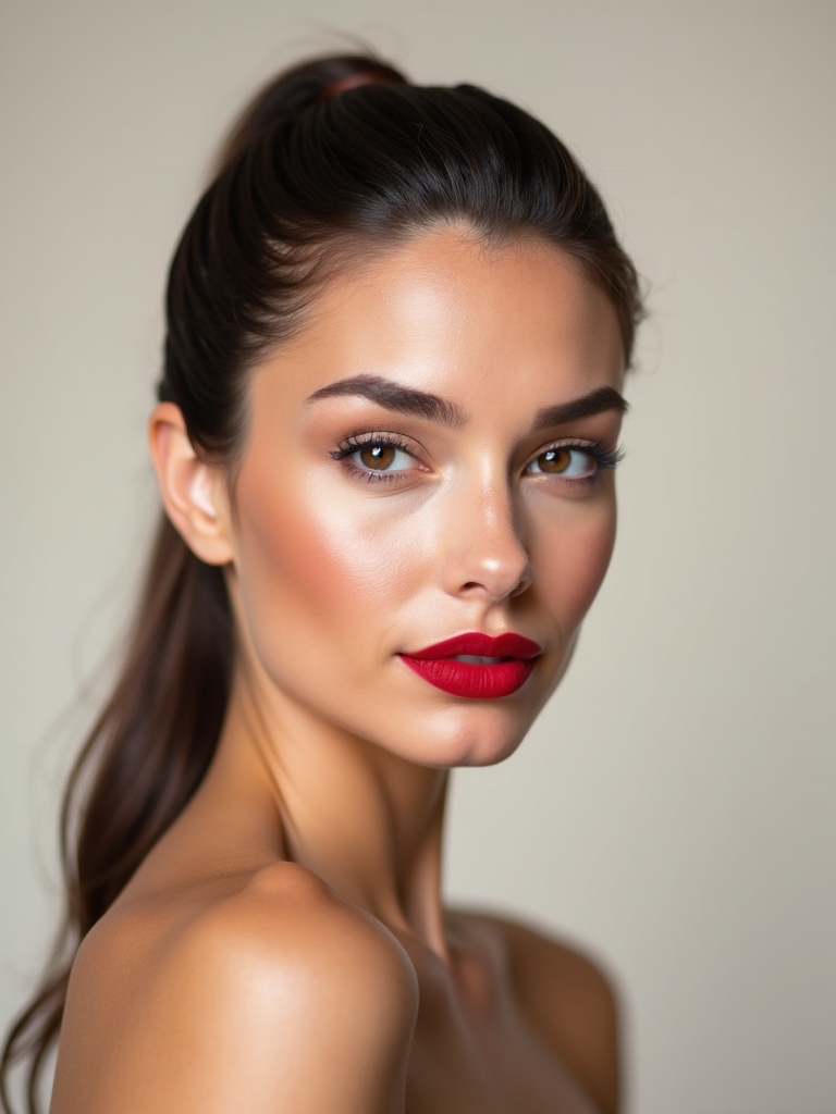 bold lips sleek ponytail