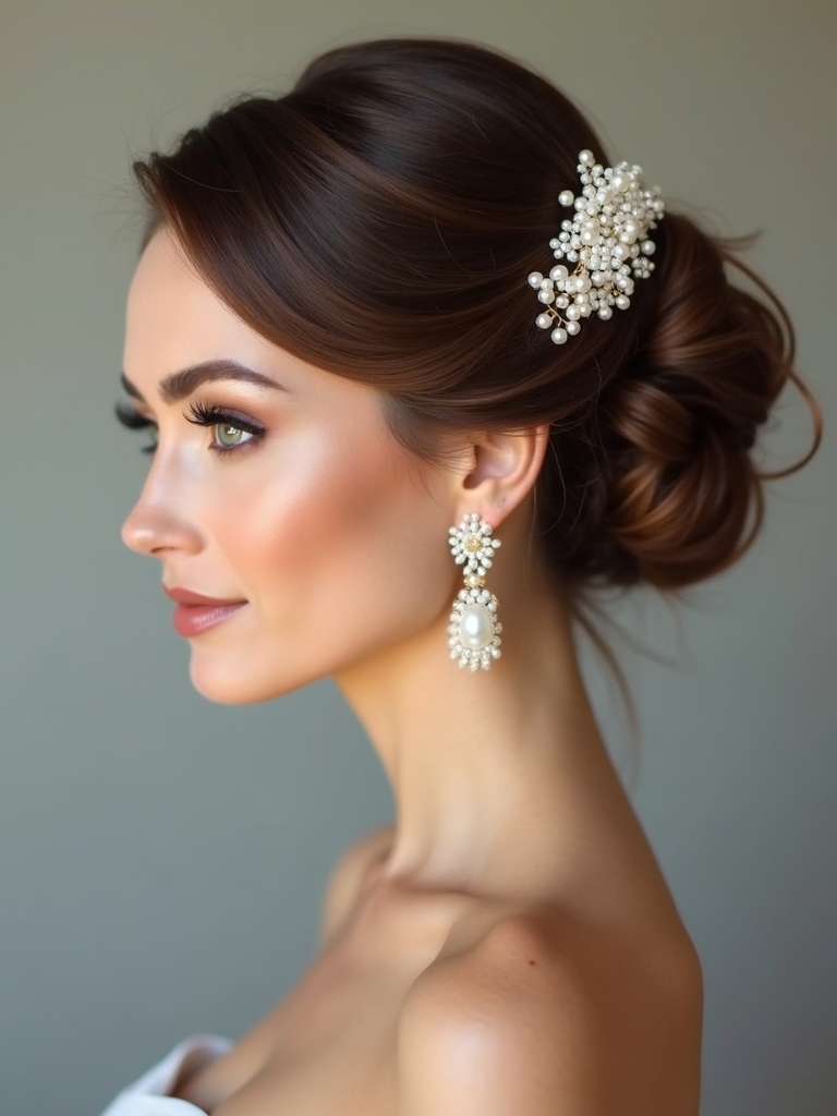 classic chignons with pearls