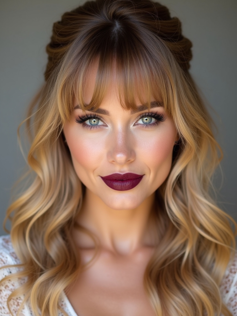 half up blunt bangs elegance