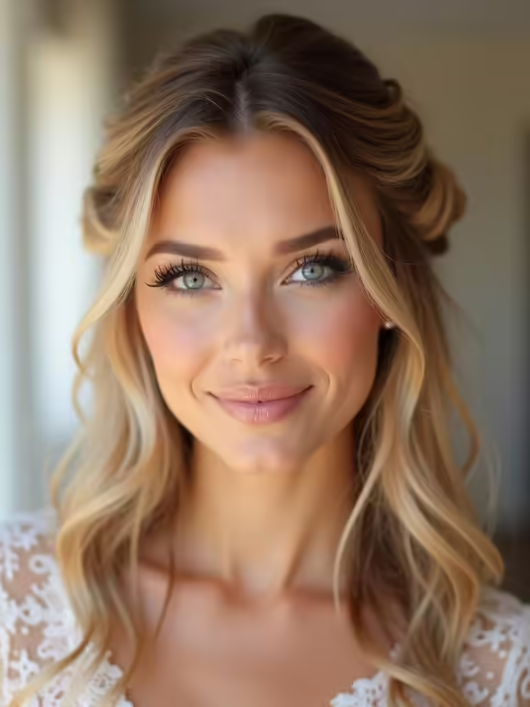 polished half up halo hairstyle