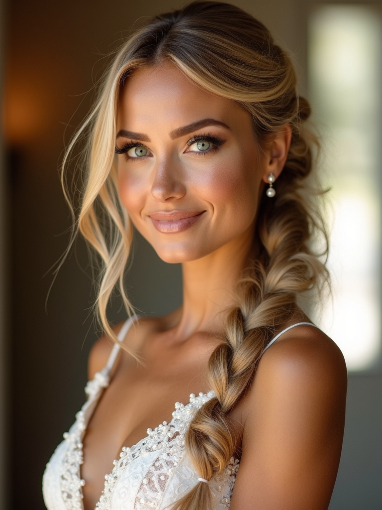 romantic indoor side swept braid