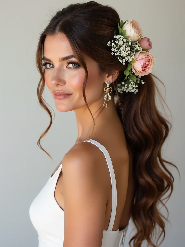 romantic side swept ponytail flowers