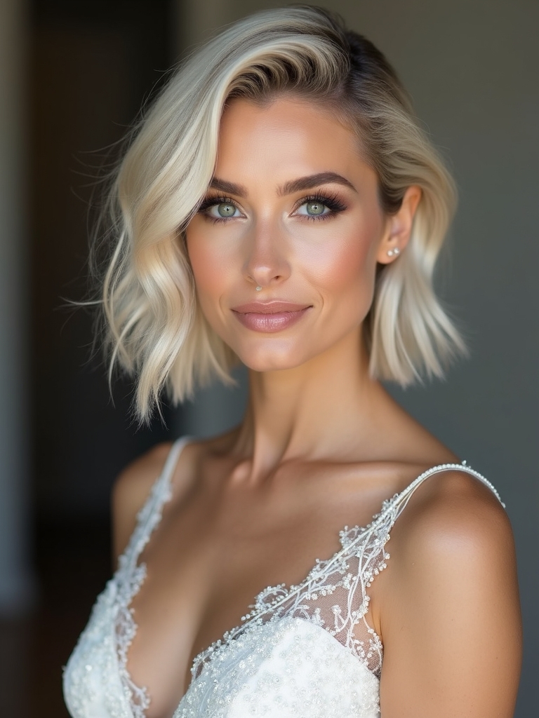 short hair engagement elegance