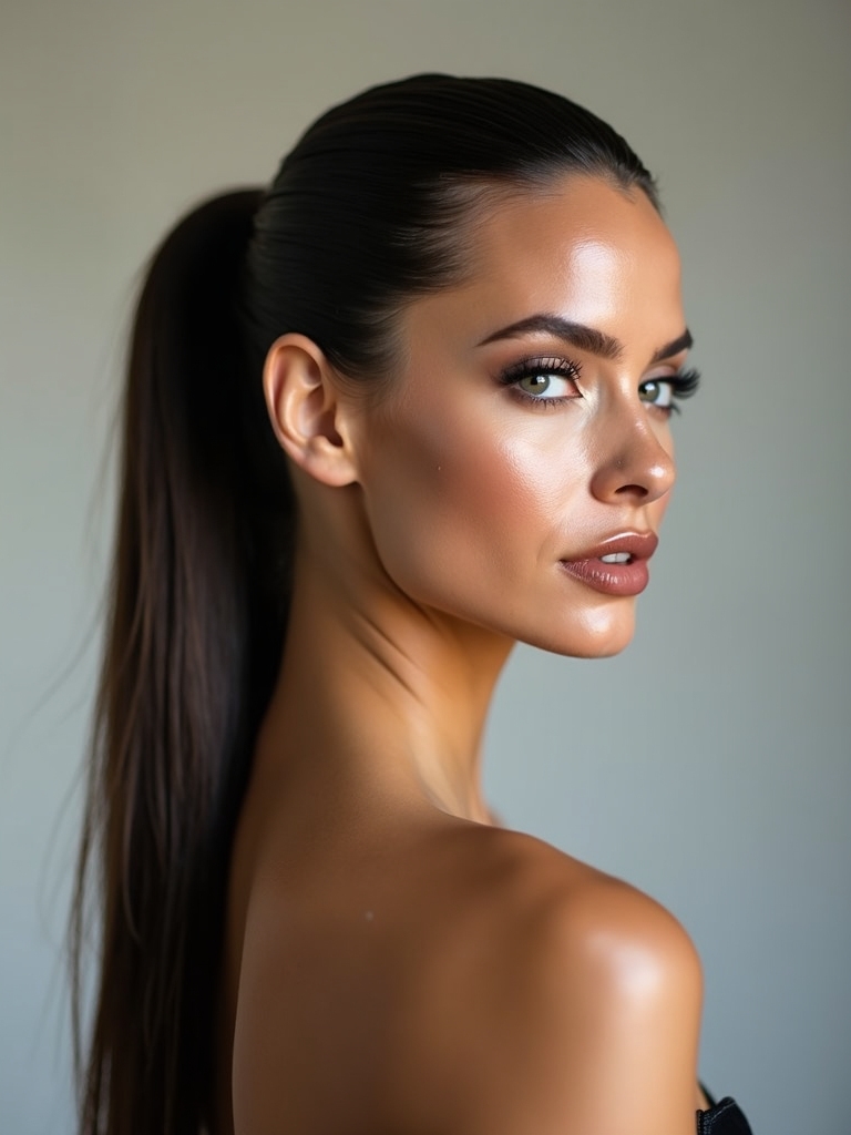 sleek glossy low ponytail