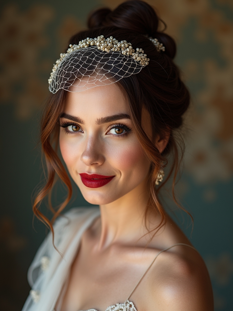 textured bun with birdcage veil
